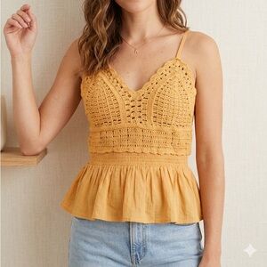 Rebellion Again Mustard Crochet Lace Peplum Cami Top